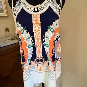 Anthropologie Orange Motif Sleeveless Tunic Top Back Zip NWT